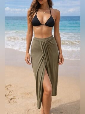 ASOS Olive Draped 100% Viscose Skirt High Slit Minimal Luxe Small NWT
